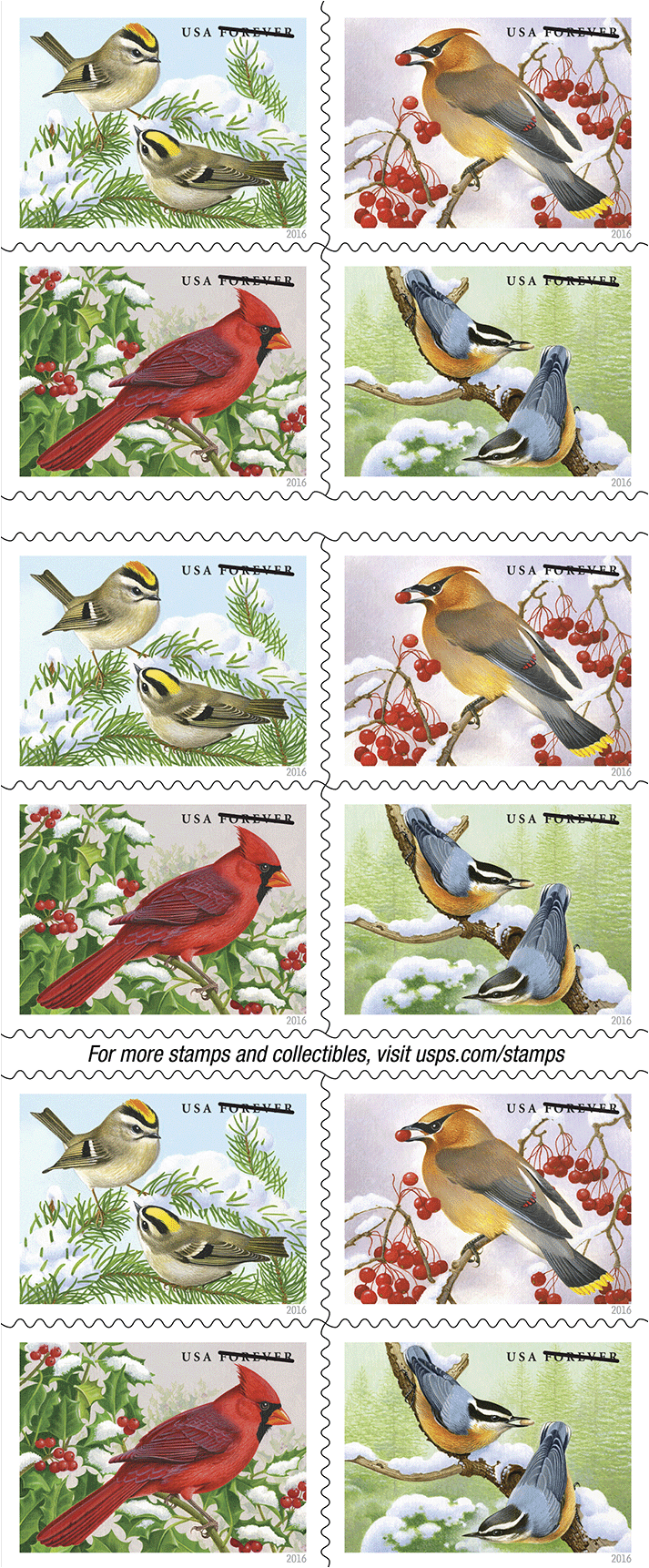 2016 Forever Stamps Songbirds In Snow | Forever Stamps US Postage Stamps